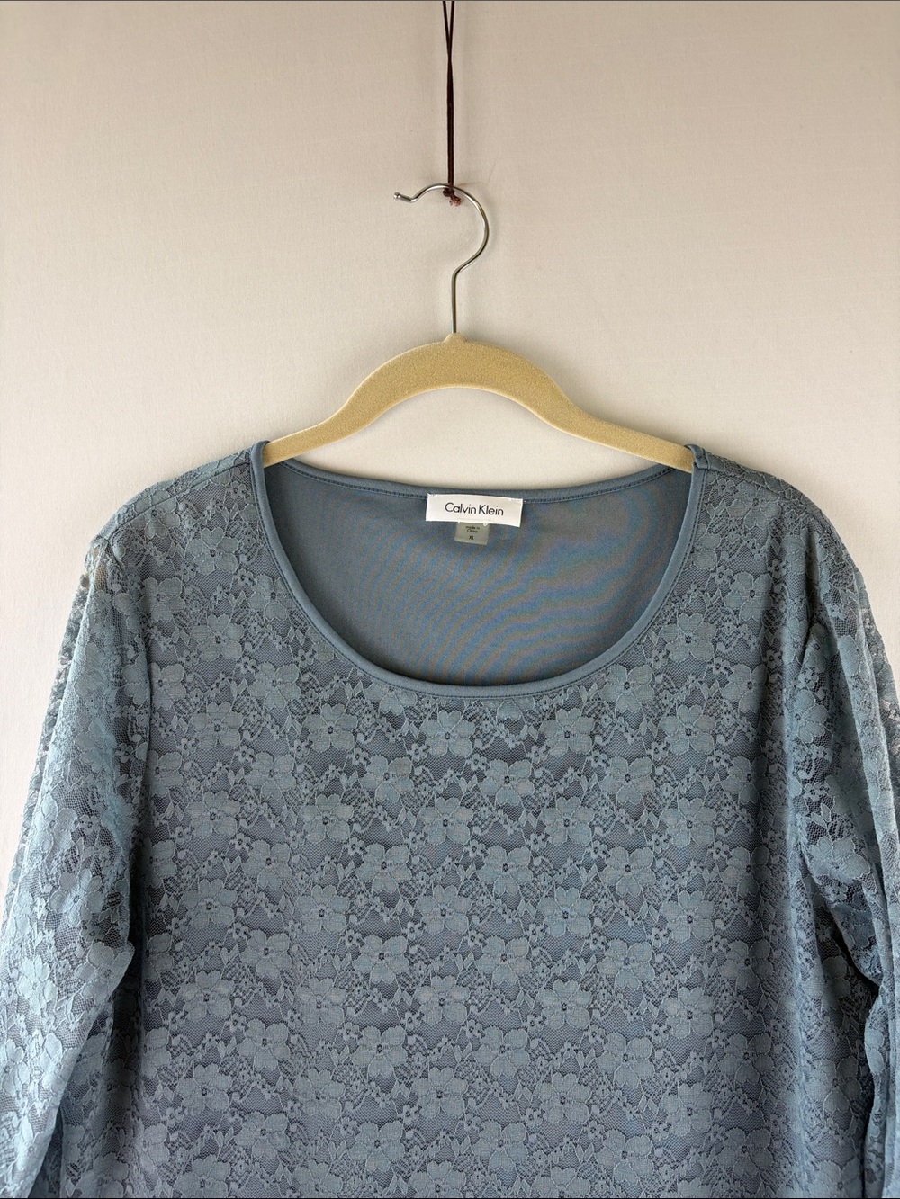 Calvin Klein Long Sleeve Floral Lace Scoop Neck Top in Dusty Blue